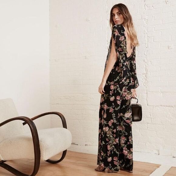 Reformation Sherwood Black Jumpsuit Floral Open Long Sleeve Flared Leg Size 2 - Picture 3 of 8